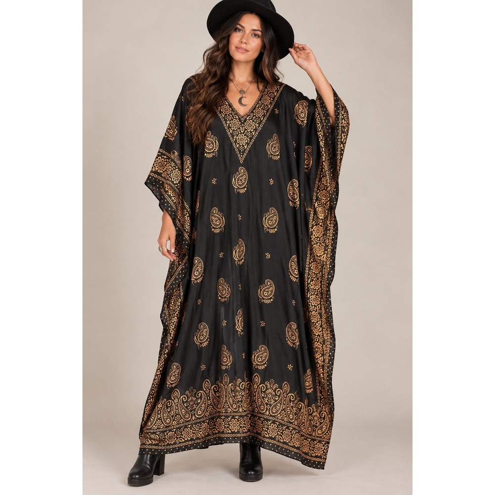 Whimsigoth Boho Paisley Caftan Maxi Dress Black Gold One Size Witchy